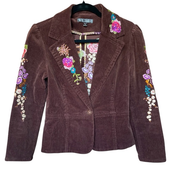 True Meaning Brown Floral Embroidered/embellished Size 2 Jacket - Picture 1 of 10